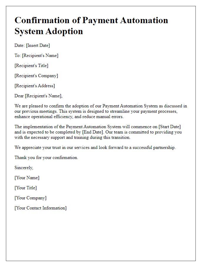 Letter template of confirmation for payment automation system adoption.