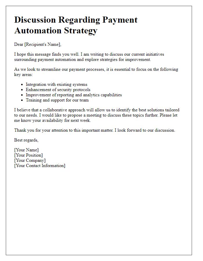 Letter template of discussion regarding payment automation strategy.