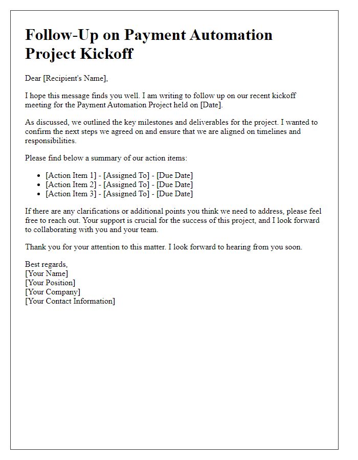 Letter template of follow-up on payment automation project kickoff.