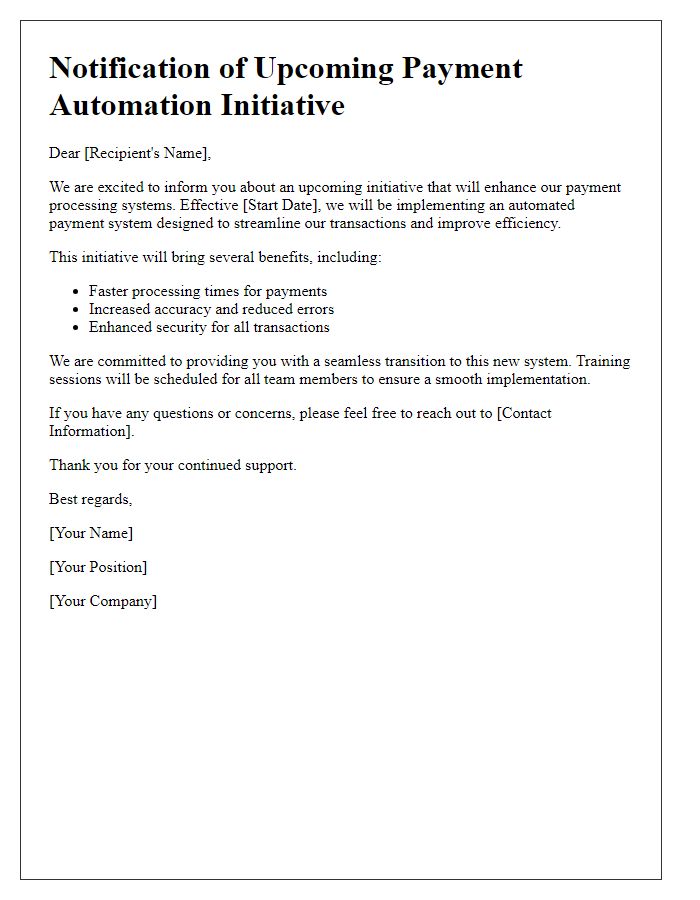 Letter template of notification for upcoming payment automation initiative.