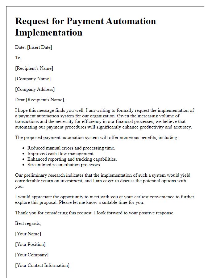 Letter template of request for payment automation implementation.