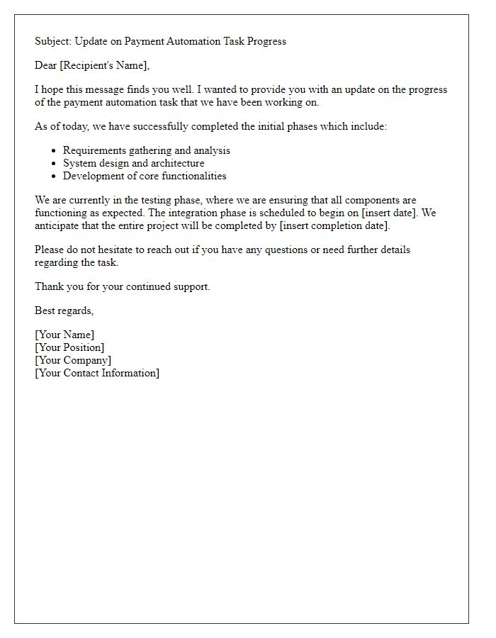 Letter template of update on payment automation task progress.