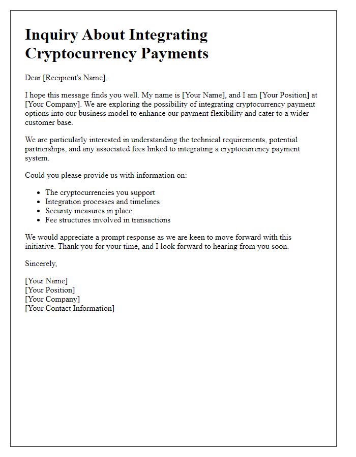 Letter template of inquiry about integrating cryptocurrency payments.