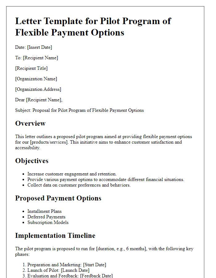 Letter template of outline for a pilot program of flexible payment options.