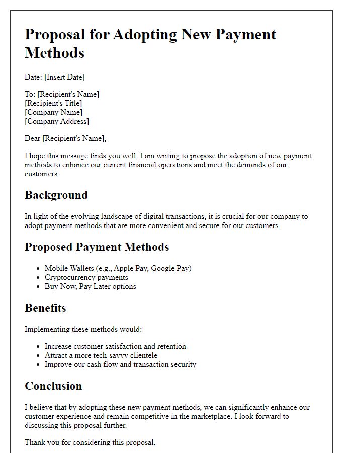 Letter template of proposal for adopting new payment methods.