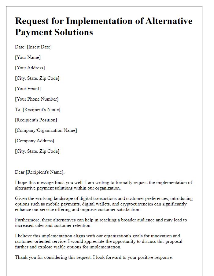 Letter template of request to implement alternative payment solutions.