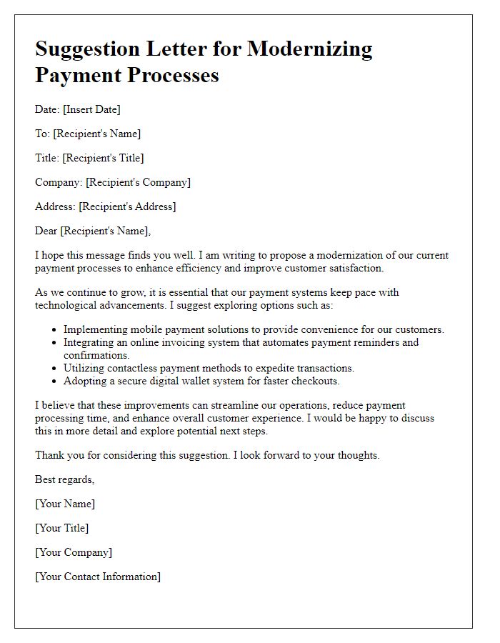 Letter template of suggestion for modernizing payment processes.