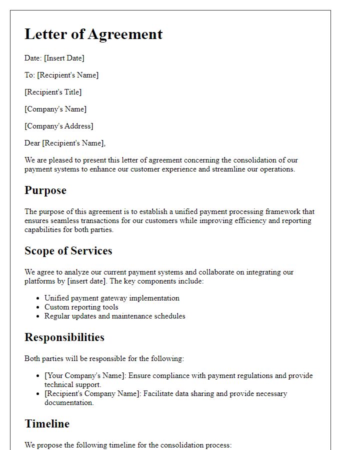 Letter template of agreement on consolidating payment systems for a cohesive experience.