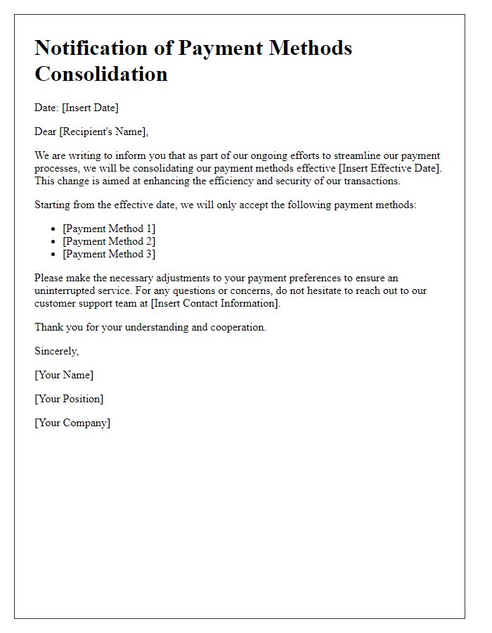 Letter template of notification regarding the consolidation of payment methods.