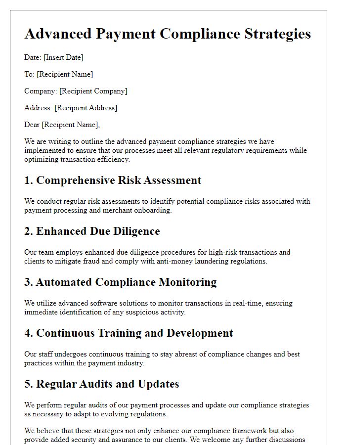 Letter template of advanced payment compliance strategies.