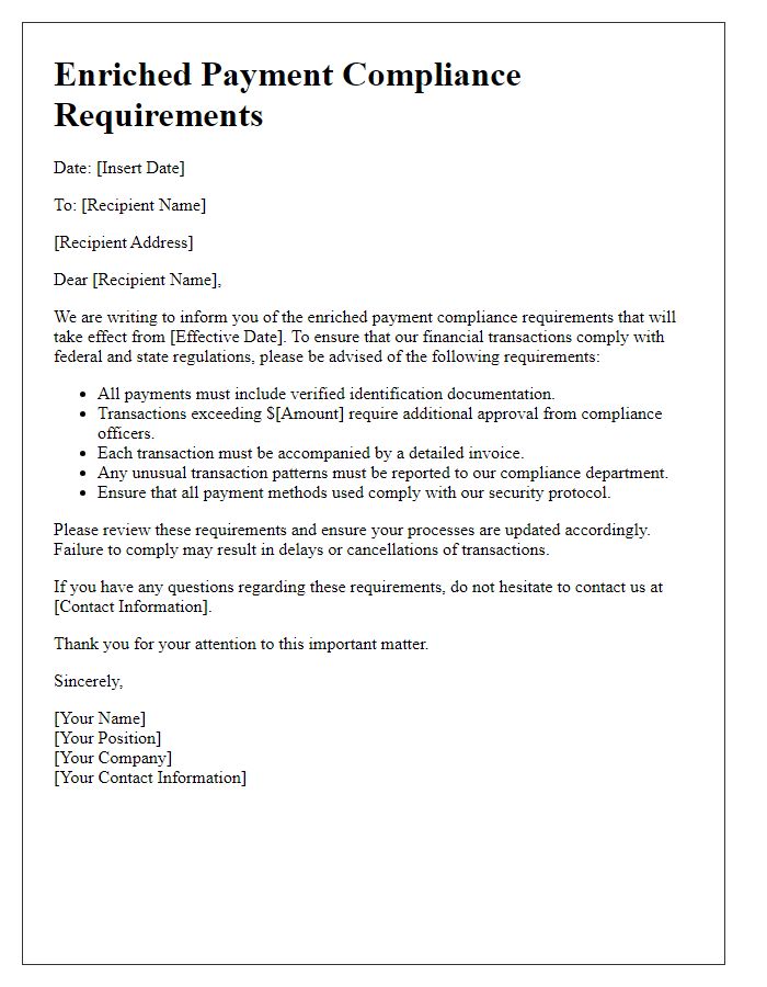 Letter template of enriched payment compliance requirements.