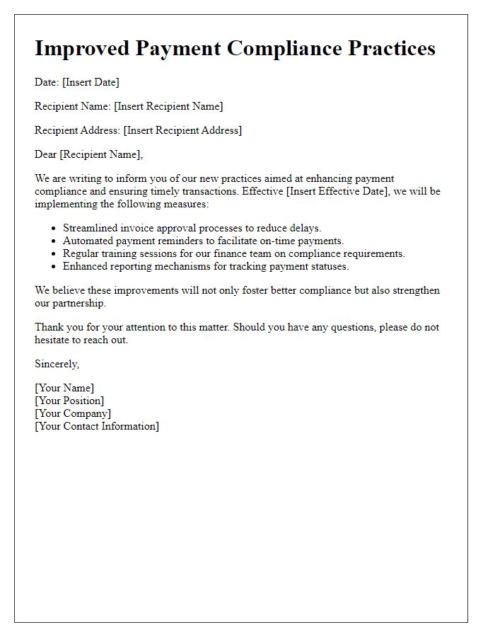 Letter template of improved payment compliance practices.
