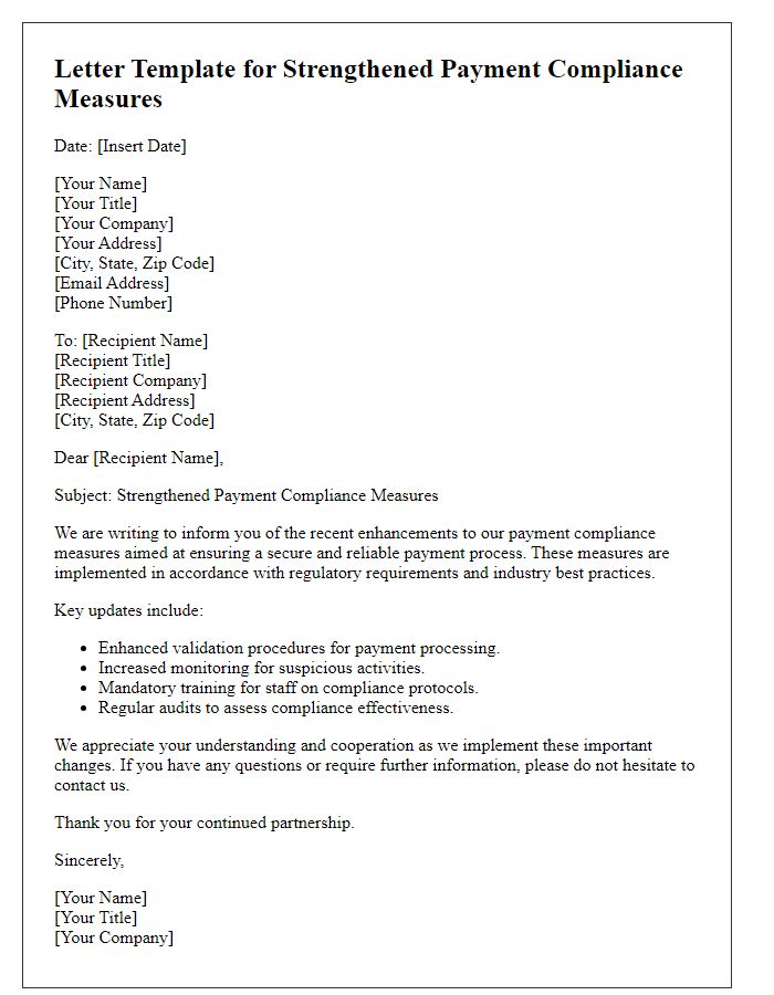 Letter template of strengthened payment compliance measures.