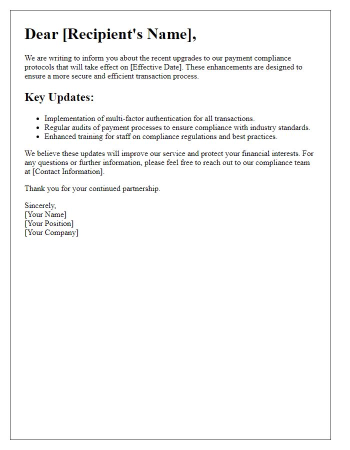 Letter template of upgraded payment compliance protocols.