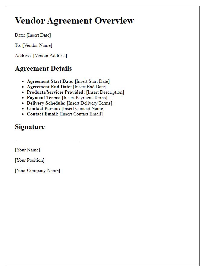 Letter template of vendor agreement details overview