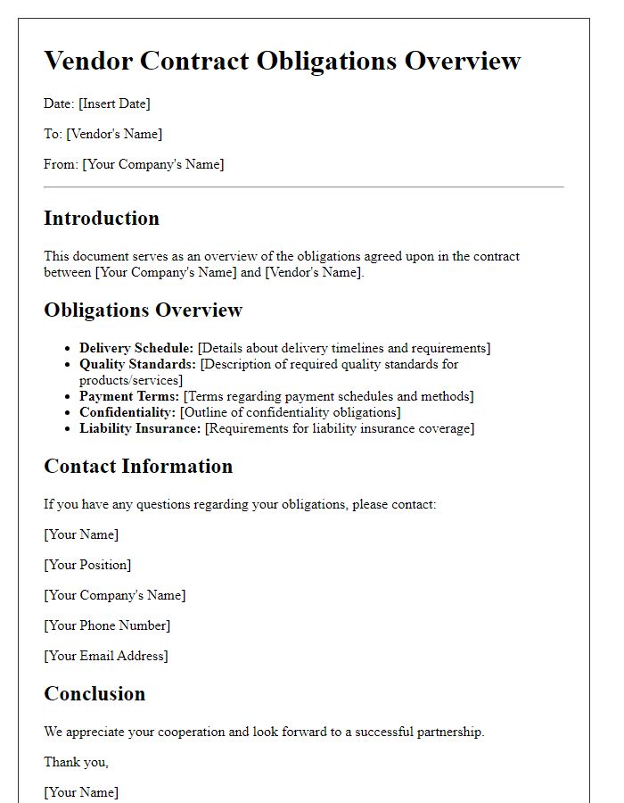 Letter template of vendor contract obligations overview