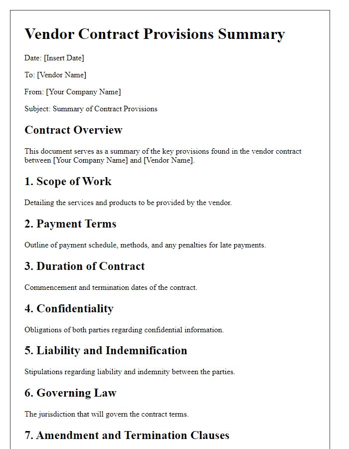 Letter template of vendor contract provisions summary