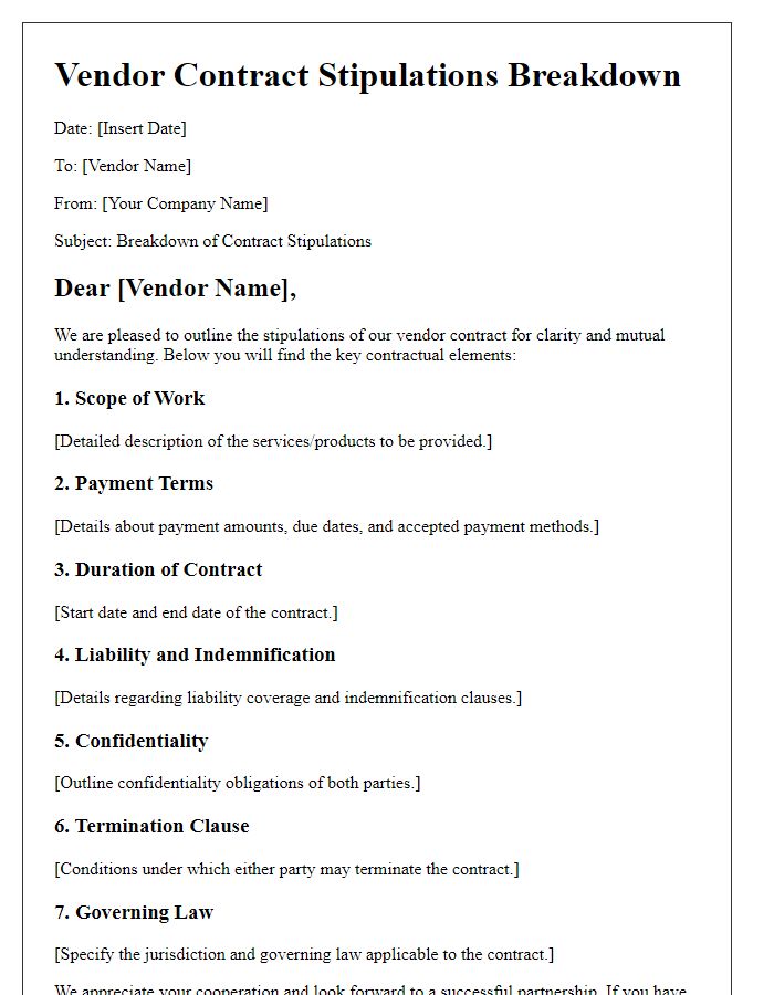 Letter template of vendor contract stipulations breakdown