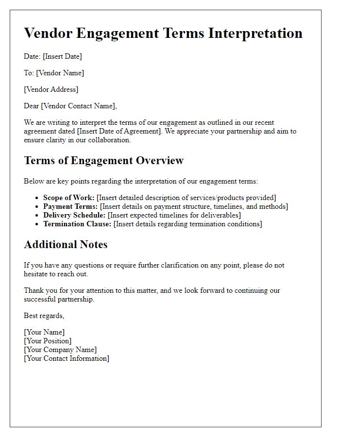 Letter template of vendor engagement terms interpretation