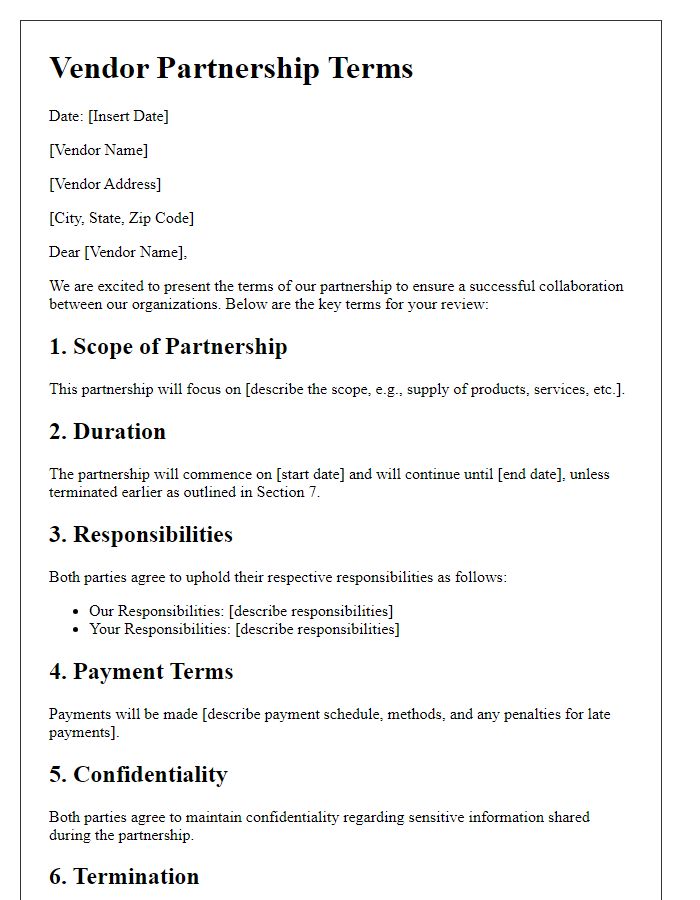 Letter template of vendor partnership terms elucidation