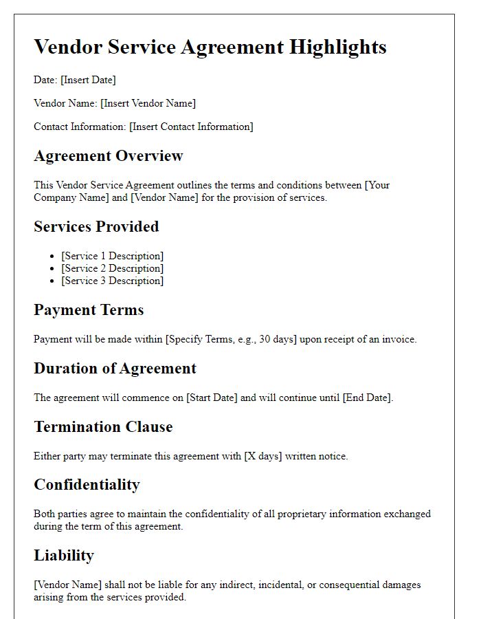 Letter template of vendor service agreement highlights