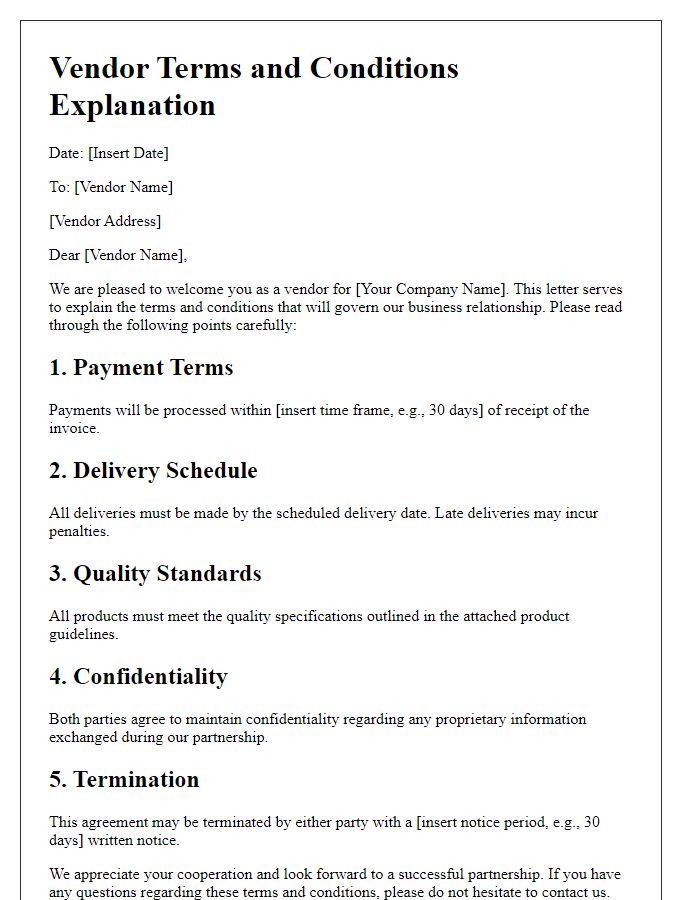 Letter template of vendor terms and conditions explanation