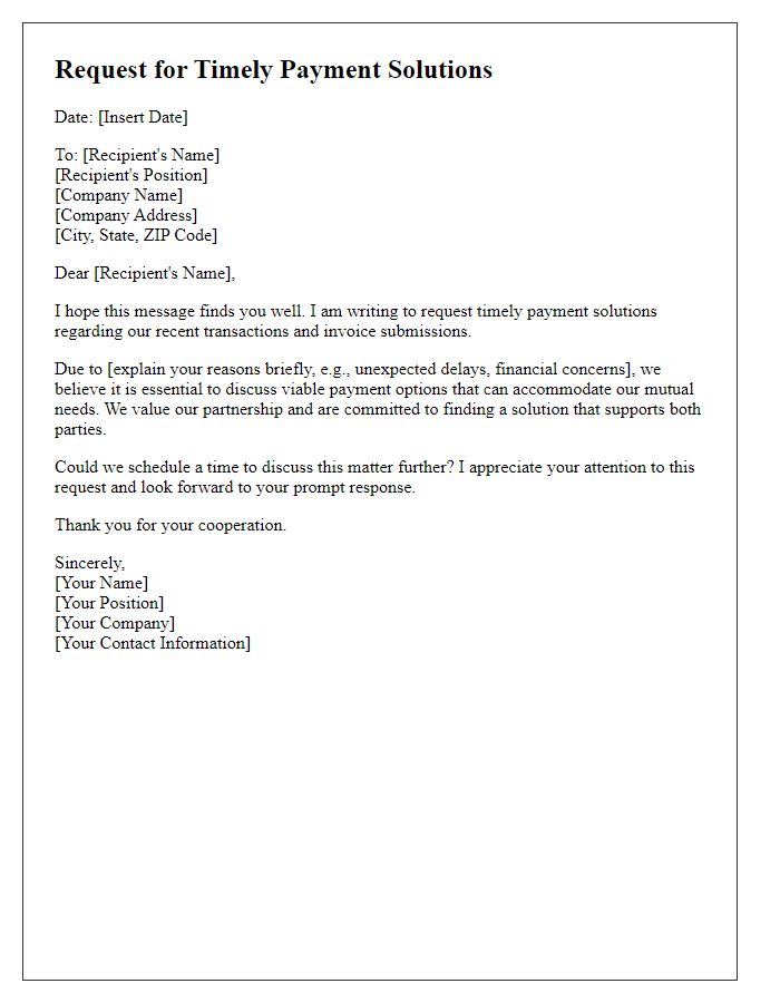 Letter template of Request for Timely Payment Solutions