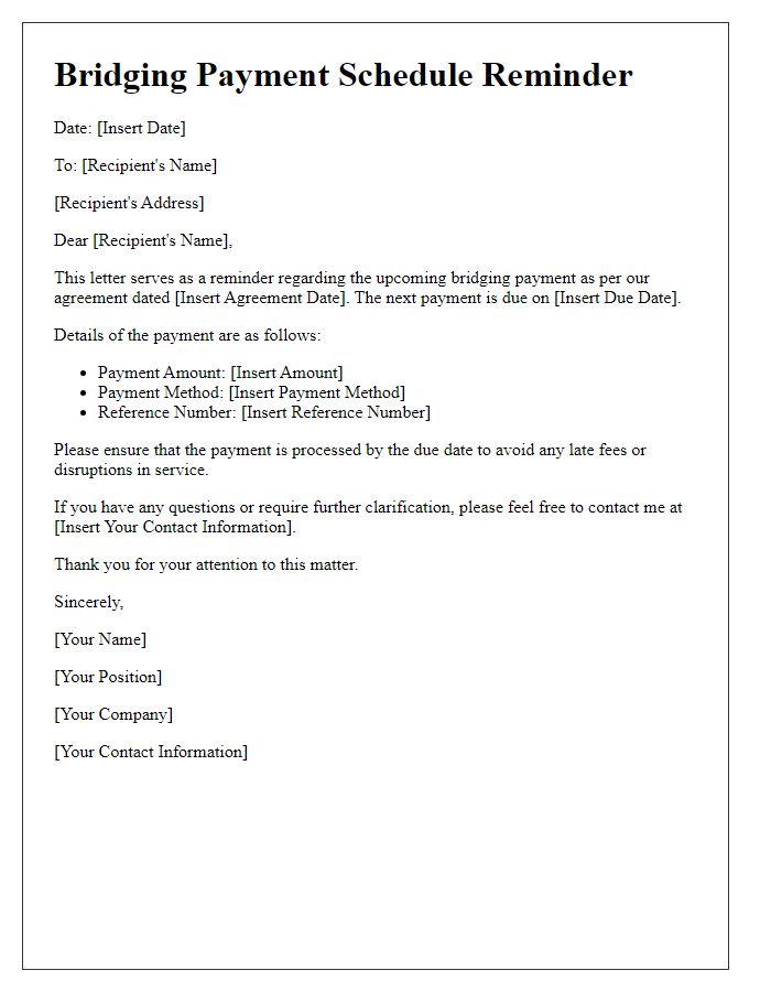 Letter template of bridging payment schedule reminder.