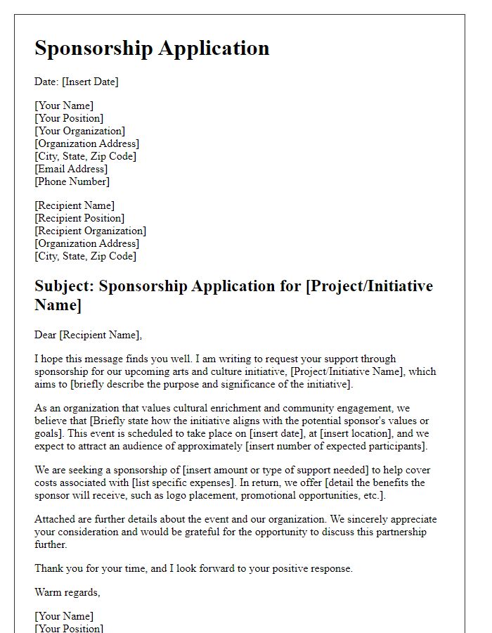 Letter template of sponsorship application for arts and culture initiatives.