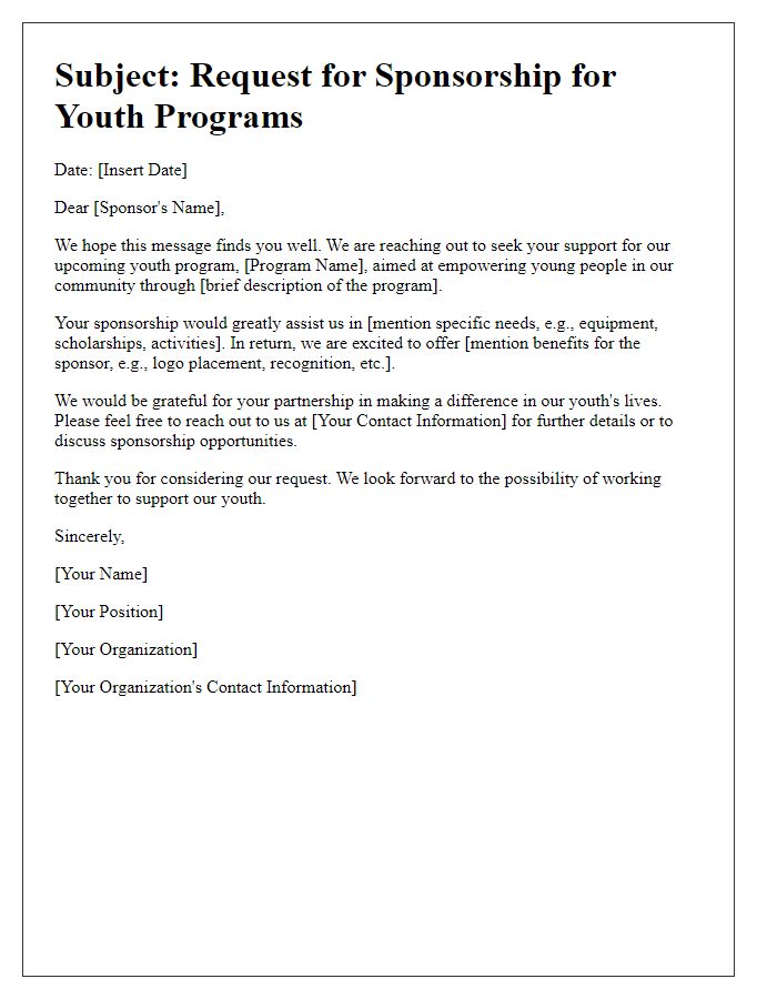 Letter template of sponsorship message for youth programs.