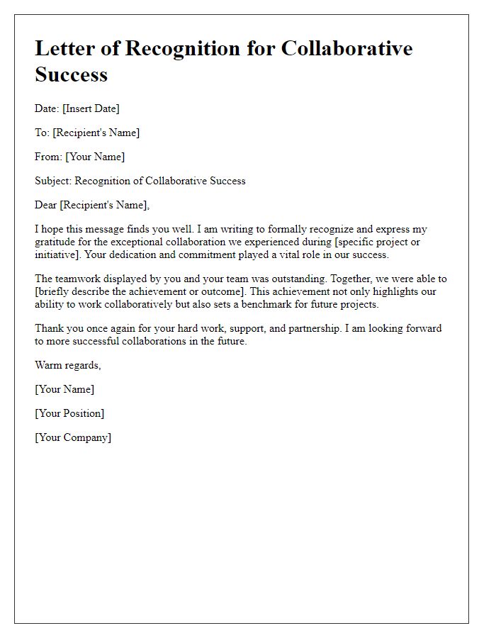 Letter template of recognition for collaborative success