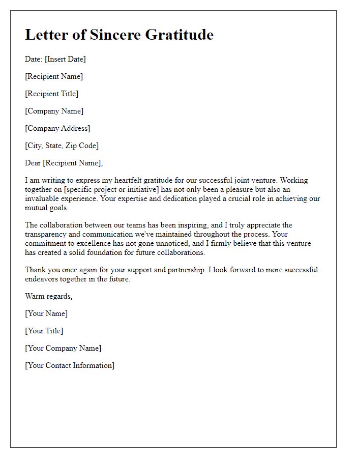 Letter template of sincere gratitude for joint ventures