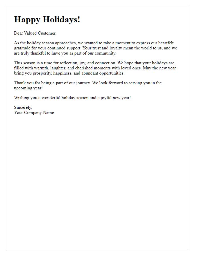 Letter template of heartfelt holiday messages for customers.