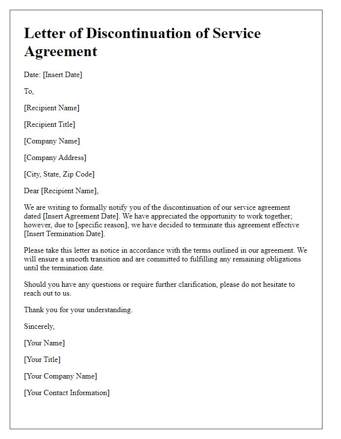 Letter template of discontinuation of service agreement.