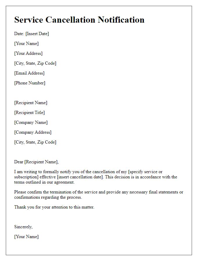 Letter template of formal service cancellation notification.