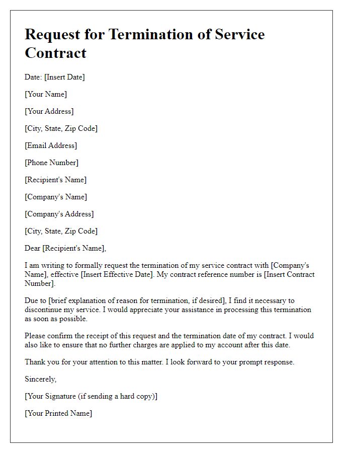 Letter template of request to terminate service contract.