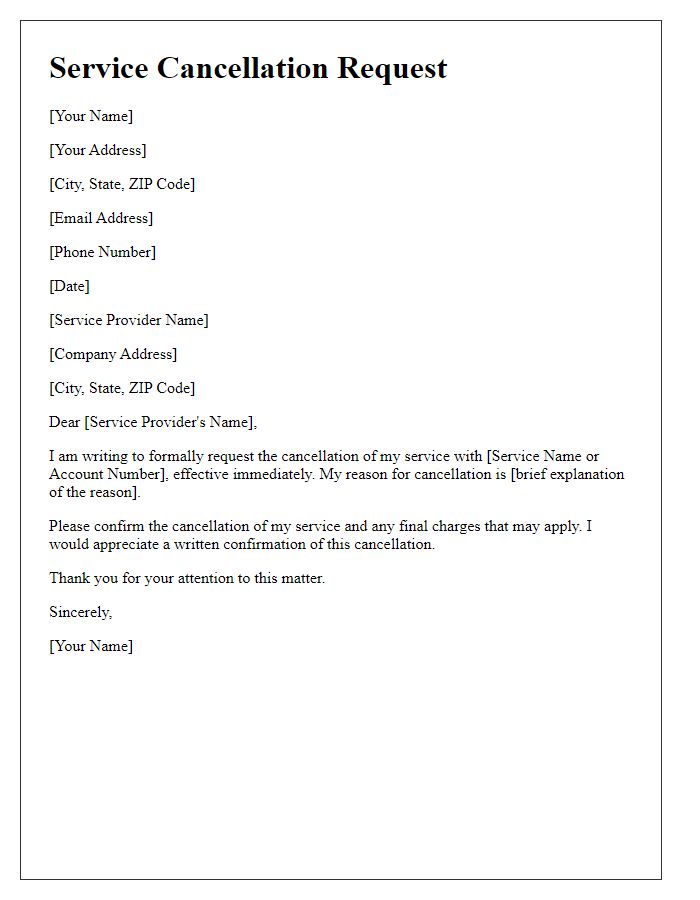 Letter template of service cancellation request.