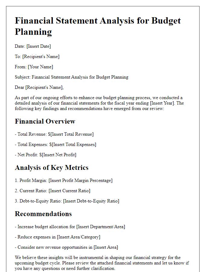 Letter template of financial statement analysis for budget planning