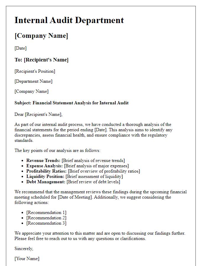 Letter template of financial statement analysis for internal audit purposes