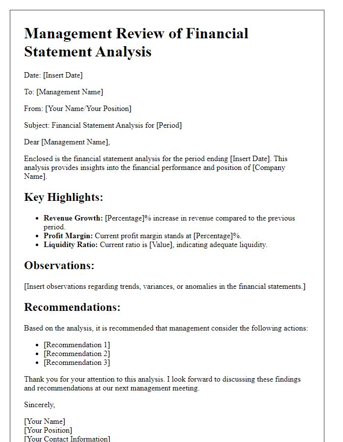 Letter template of financial statement analysis for management review