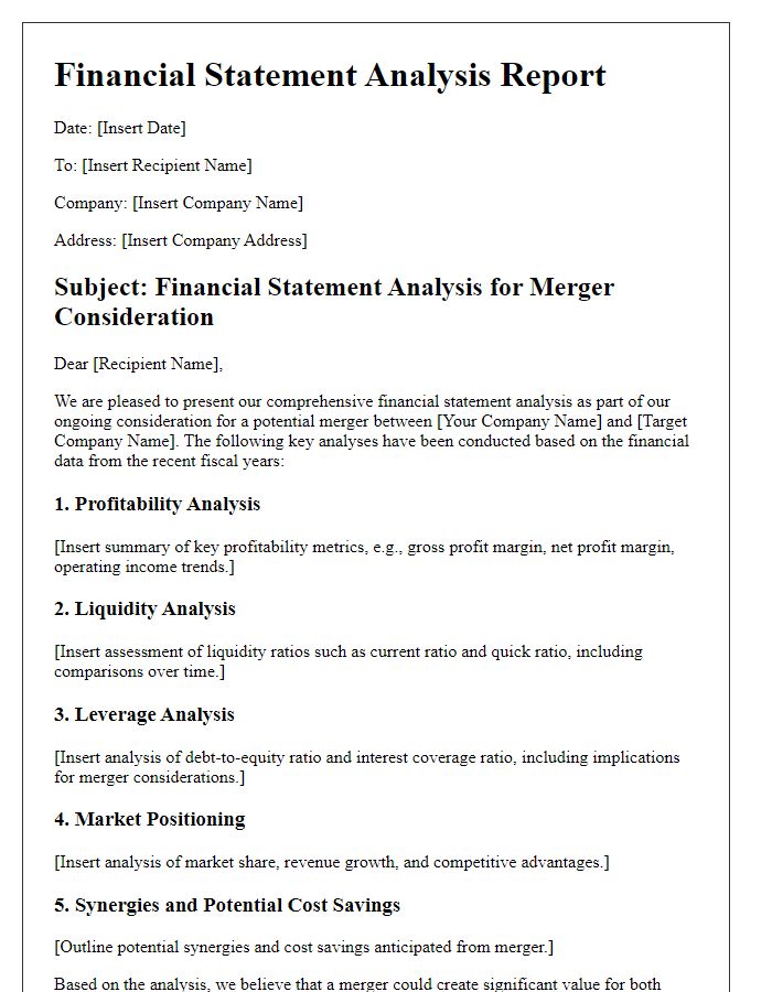 Letter template of financial statement analysis for merger consideration