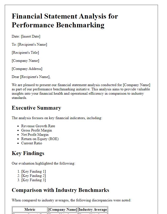 Letter template of financial statement analysis for performance benchmarking