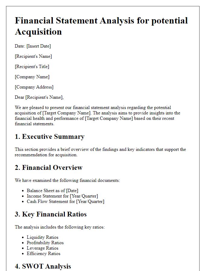 Letter template of financial statement analysis for potential acquisition