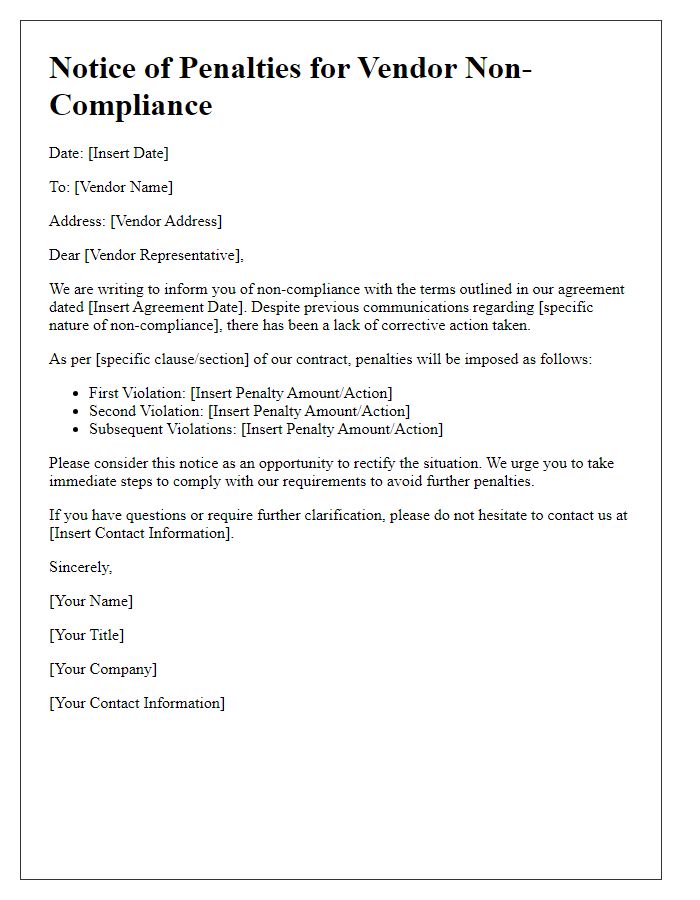 Letter template of Notice of Penalties for Vendor Non-Compliance