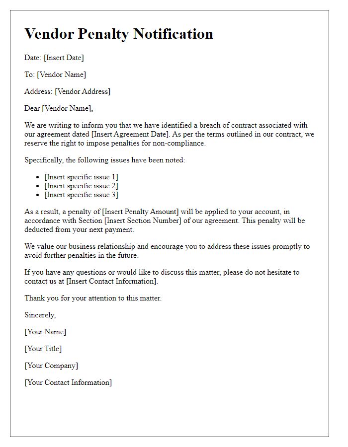 Letter template of Vendor Penalty Notification