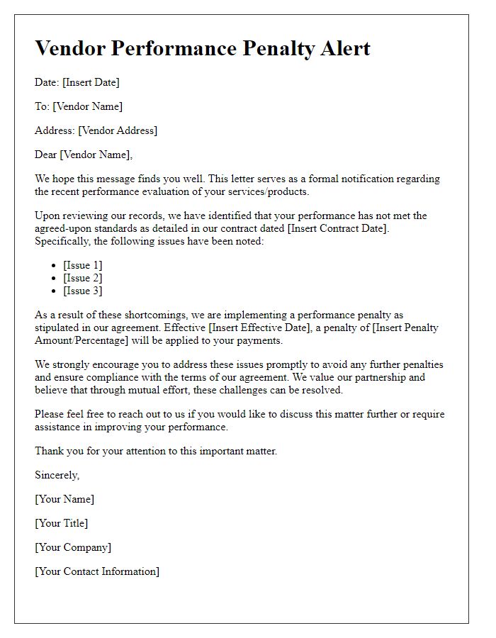 Letter template of Vendor Performance Penalty Alert