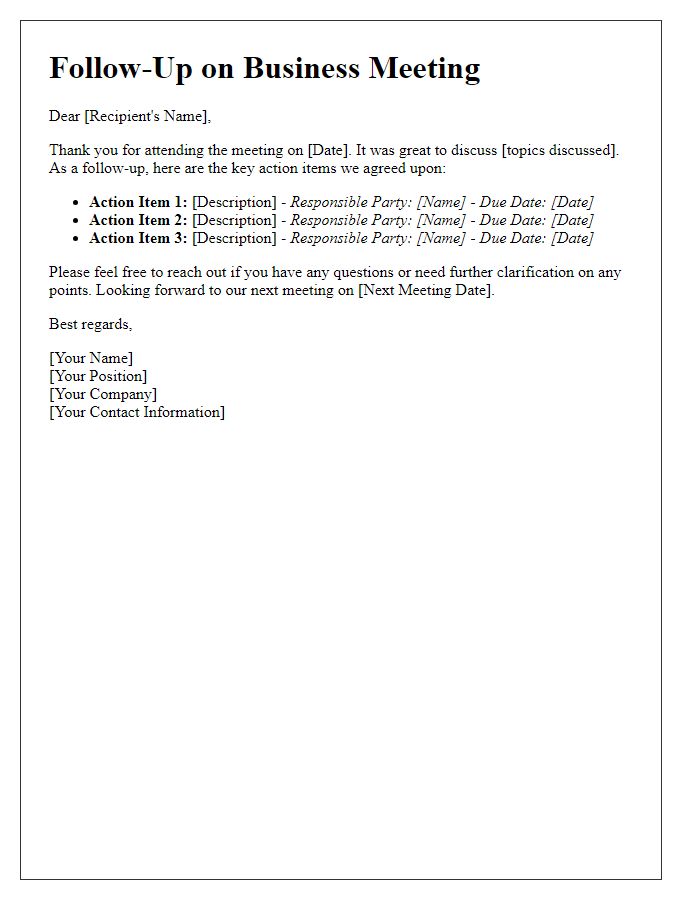 Letter template of business meeting follow-up with action items.