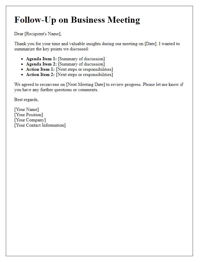 Letter template of business meeting follow-up summarizing key points.