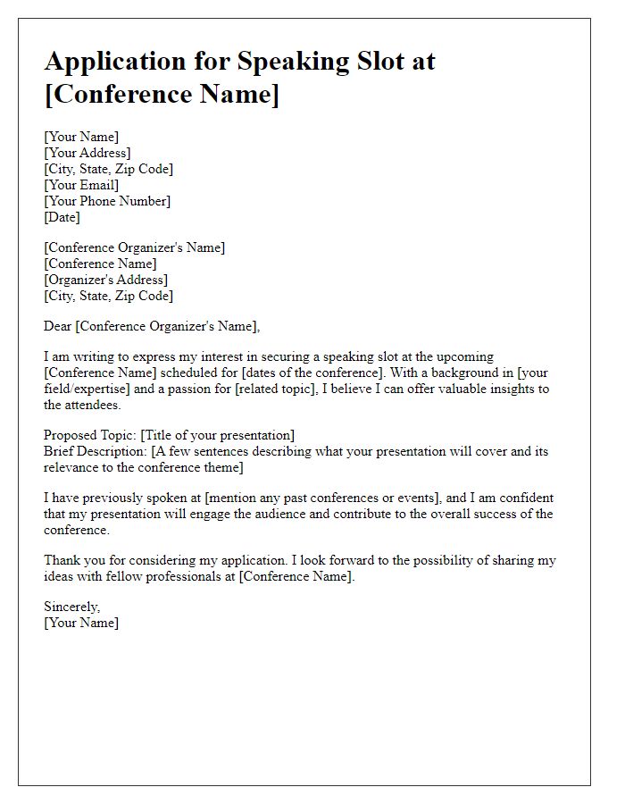 Letter template of application for speaking slot at conference