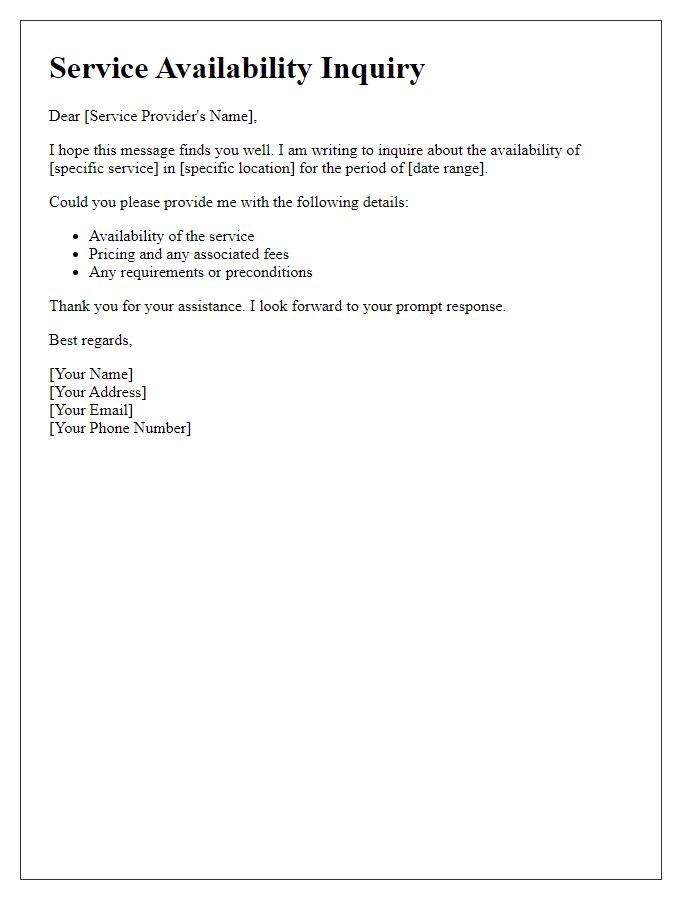 Letter template of service availability inquiry